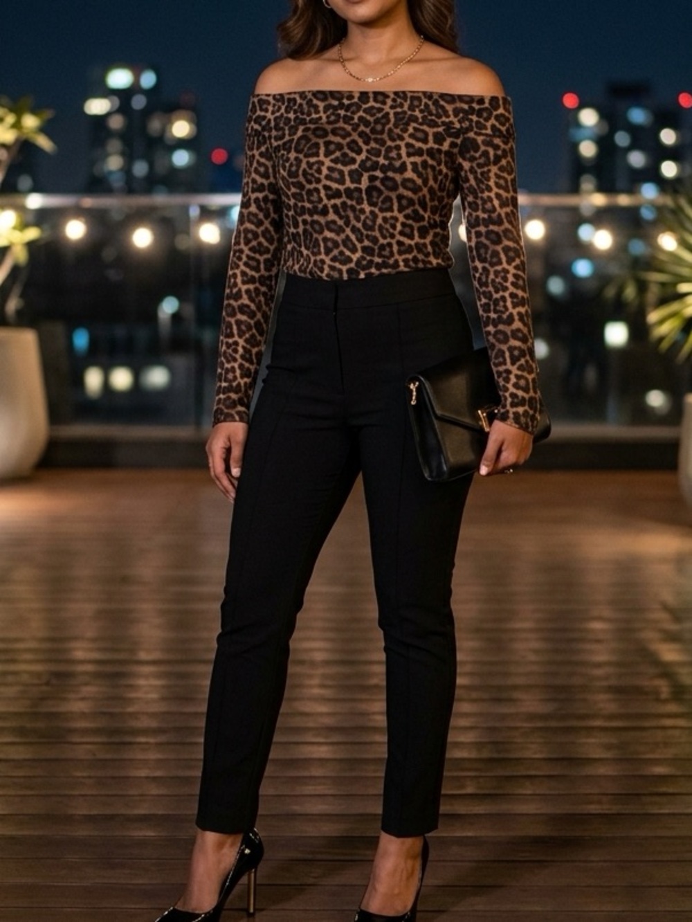 H&M Leopard Print Off The Shoulder Long Sleeve Stretchy Top, M